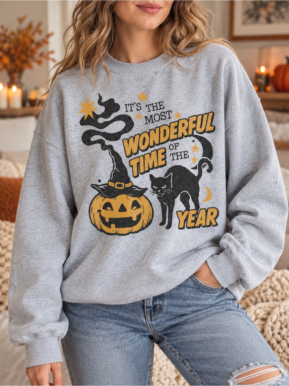 Halloween Sweatshirt Most Wonderful Time Cat Pumpkin Graphic Gildan Grey